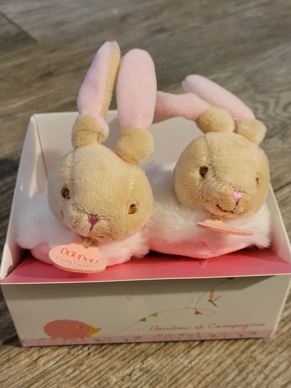 Doudou et Compagnie Paris Bunny Rabbit Bootie Slippers Rattle Ears Pink Soft NEW